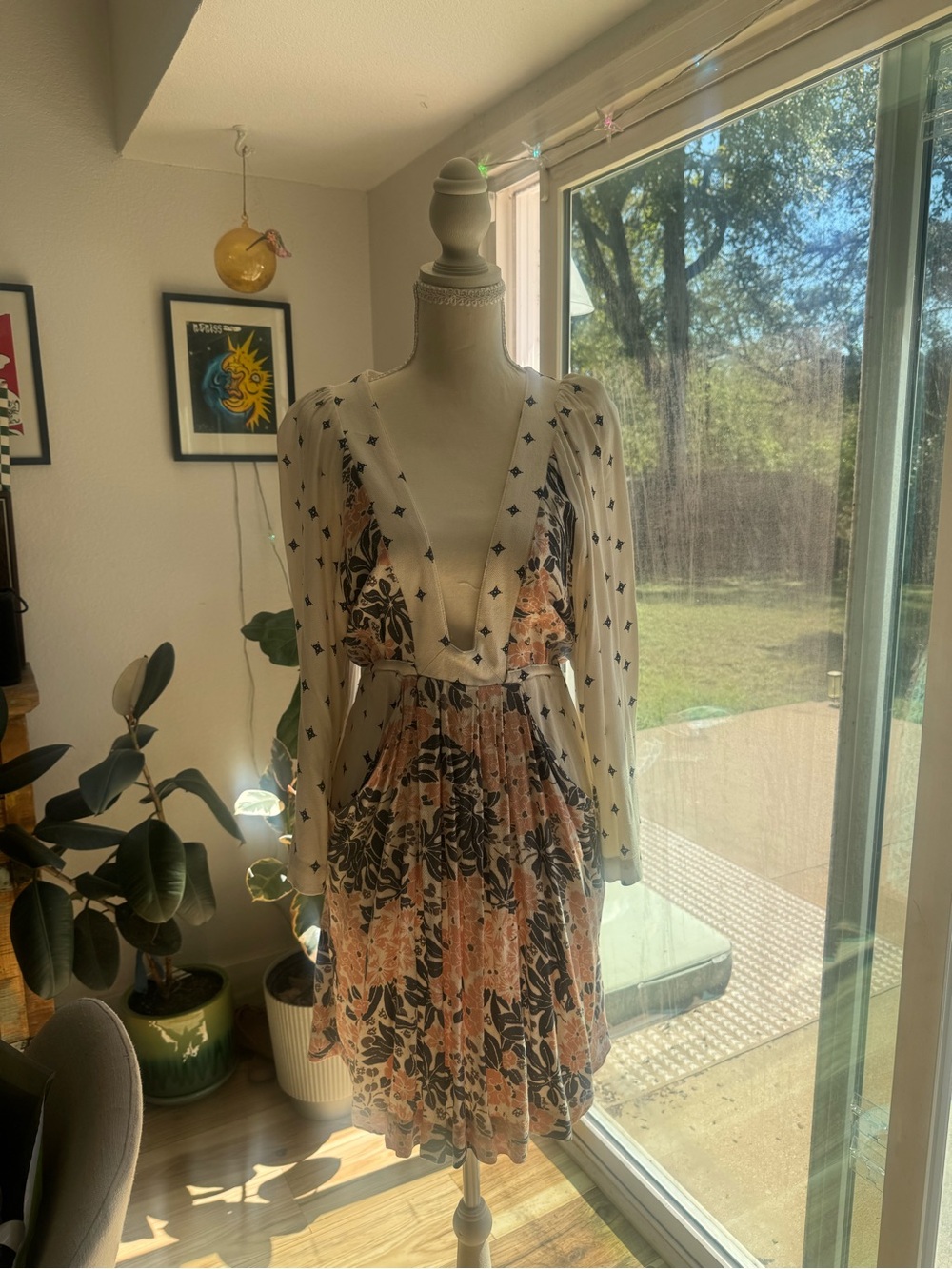 Free People Tallulah dress Cream Mini Dress with Peach and Black Floral Print